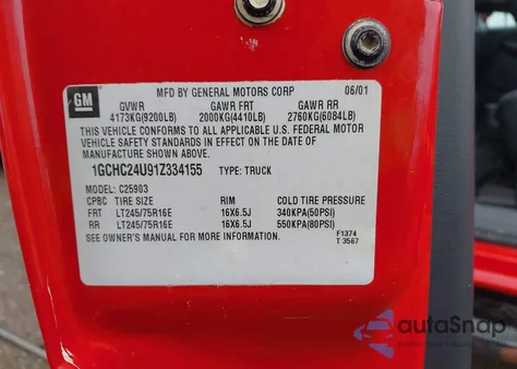 2001 Chevrolet Silverado 2500Hd from USA, damaged, VIN 1GCHC24U91Z334155